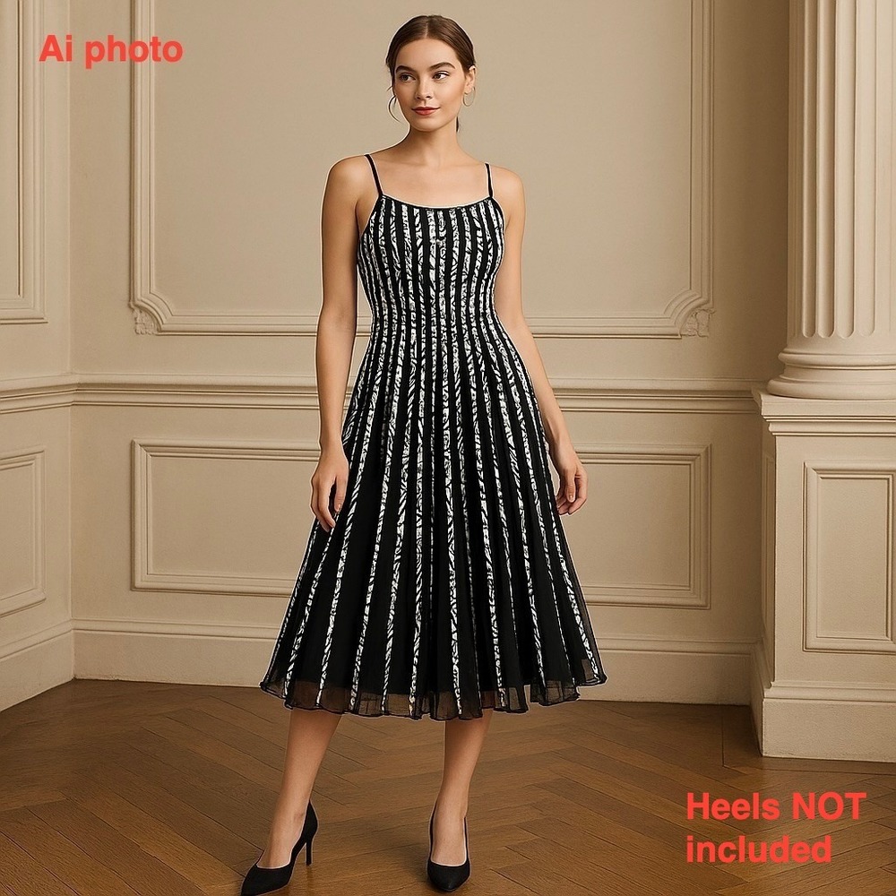 Aspeed USA‎ 4XL Dress Black White Accordion Sleeveless Fit Flare Tulle Accordion